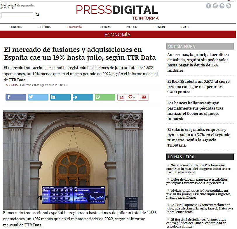 El mercado de fusiones y adquisiciones en Espaa cae un 19% hasta julio, segn TTR Data
